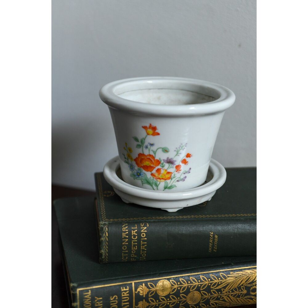 Vintage Porcelain Planter with Attached Saucer - Hand Painted Floral Design